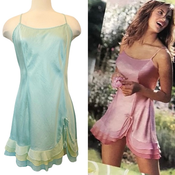 2002 Victoria’s Secret Silk Aqua Blue Mermaid Chiffon Ruffle Vintage Slip Dress